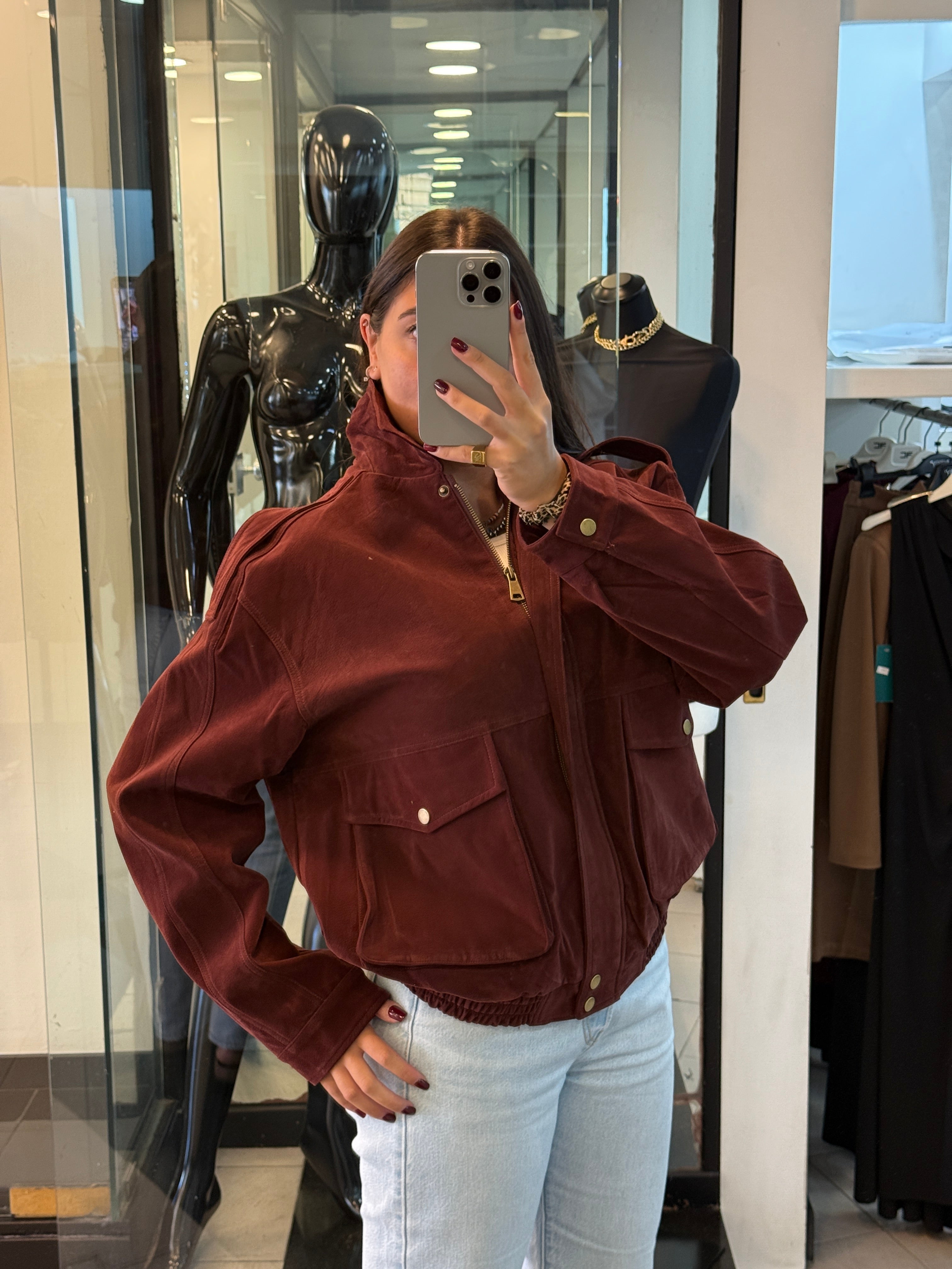 maxi bomber in camoscio bordeaux