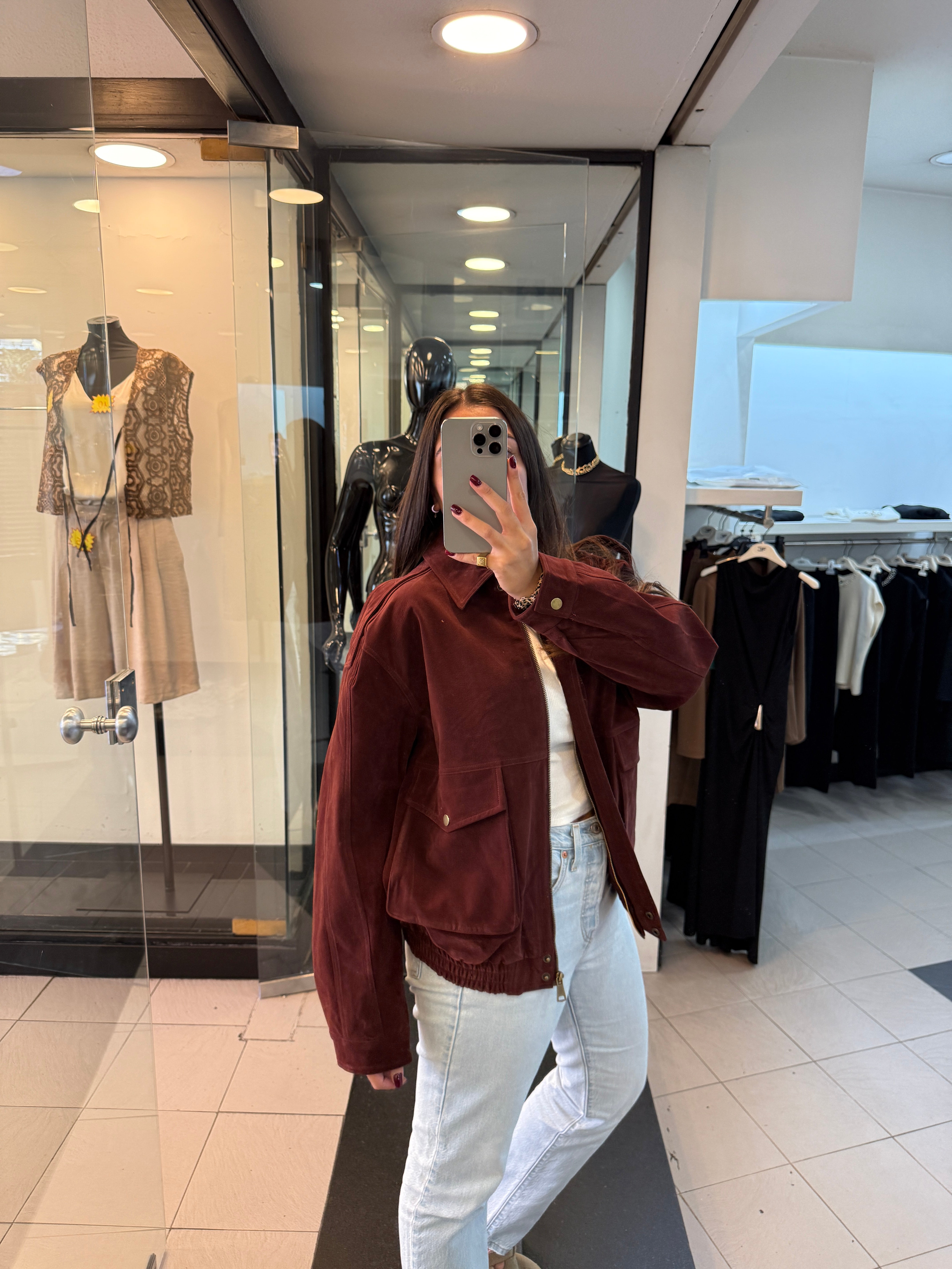 maxi bomber in camoscio bordeaux